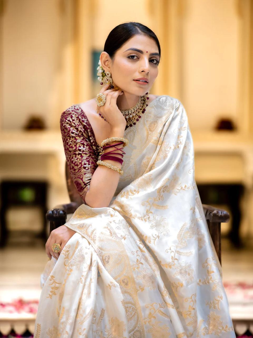 White Soft Litchi Silk All Over Weaving Saree | Sarees, Bollywood Sarees, Creative Sarees, Designer Sarees, Embroidered Sarees, Ethnic Saree, Modern Digital sarees, Party Wear Sarees