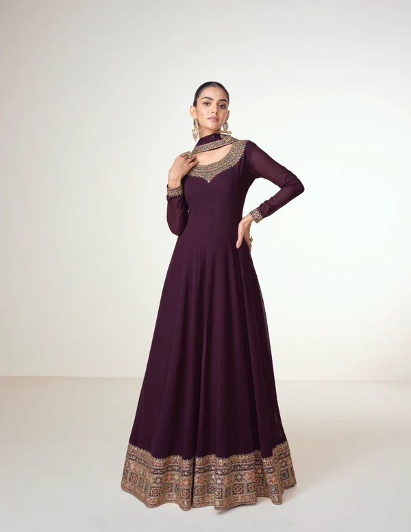 Wine Blooming Georgette Embroidery Work Salwar Suit | Jump Suits, Salwar suit, Casual Suits, Creative suits, Designer Suits, Palazzo Suits, Party Wear Suits, Patiala Suits, Straight Suits