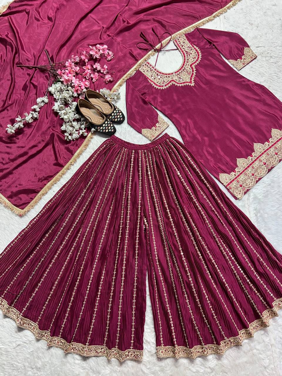 Wine Chinnon Silk Lace Embroidery Work Salwar Suit | Jump Suits, Salwar suit, Casual Suits, Creative suits, Designer Suits, Palazzo Suits, Party Wear Suits, Patiala Suits, Straight Suits