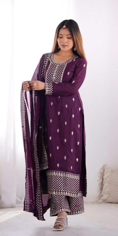 Wine Chinon Silk Embroidery Jari Work Salwar Suit | Jump Suits, Salwar suit, Casual Suits, Creative suits, Designer Suits, Palazzo Suits, Party Wear Suits, Patiala Suits, Straight Suits