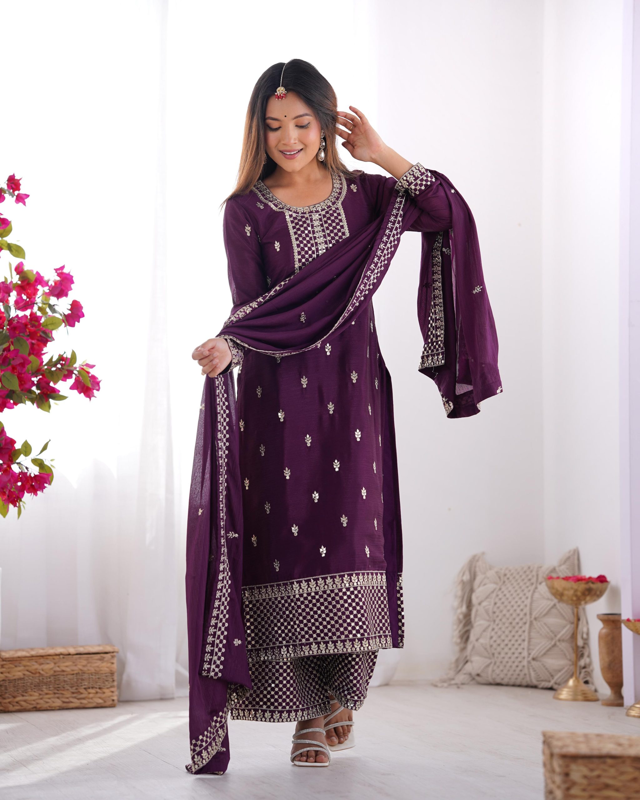 Wine Chinon Silk Embroidery Jari Work Salwar Suit | Jump Suits, Salwar suit, Casual Suits, Creative suits, Designer Suits, Palazzo Suits, Party Wear Suits, Patiala Suits, Straight Suits