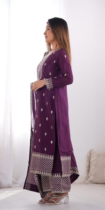 Wine Chinon Silk Embroidery Jari Work Salwar Suit | Jump Suits, Salwar suit, Casual Suits, Creative suits, Designer Suits, Palazzo Suits, Party Wear Suits, Patiala Suits, Straight Suits