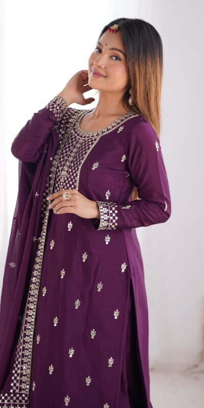 Wine Chinon Silk Embroidery Jari Work Salwar Suit | Jump Suits, Salwar suit, Casual Suits, Creative suits, Designer Suits, Palazzo Suits, Party Wear Suits, Patiala Suits, Straight Suits