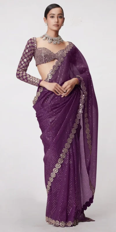 Wine Georgette Sequence Work Saree | Sarees, Bollywood Sarees, Creative Sarees, Designer Sarees, Embroidered Sarees, Ethnic Saree, Modern Digital sarees, Party Wear Sarees