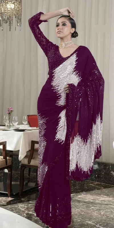 Wine Georgette Sequins Work Saree | Sarees, Bollywood Sarees, Creative Sarees, Designer Sarees, Embroidered Sarees, Ethnic Saree, Modern Digital sarees, Party Wear Sarees