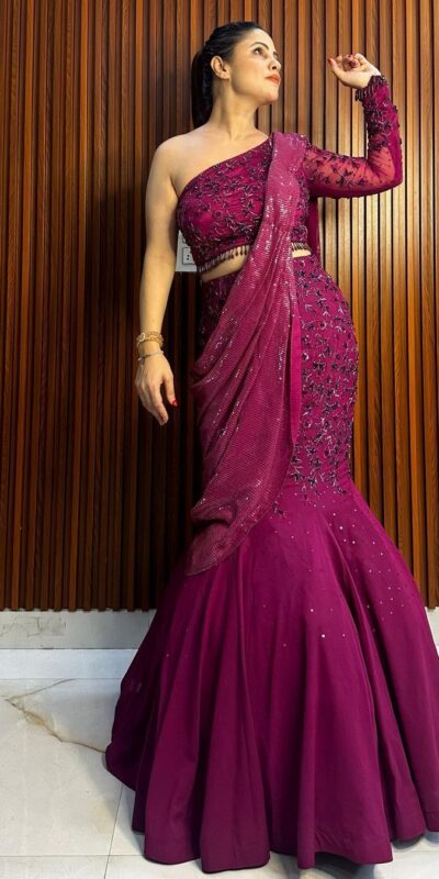 Wine Georgette Thread Sequence Lehenga Saree | Lehenga, Bollywood Lehenga, Creative Lehenga, Designer Lehenga, Embroidered Lehenga, Party Wear Lehenga