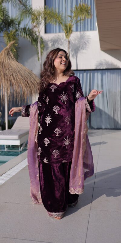 Wine Ice Velvet Embroidery Zari Work Salwar Suit | Jump Suits, Salwar suit, Casual Suits, Creative suits, Designer Suits, Palazzo Suits, Party Wear Suits, Patiala Suits, Straight Suits