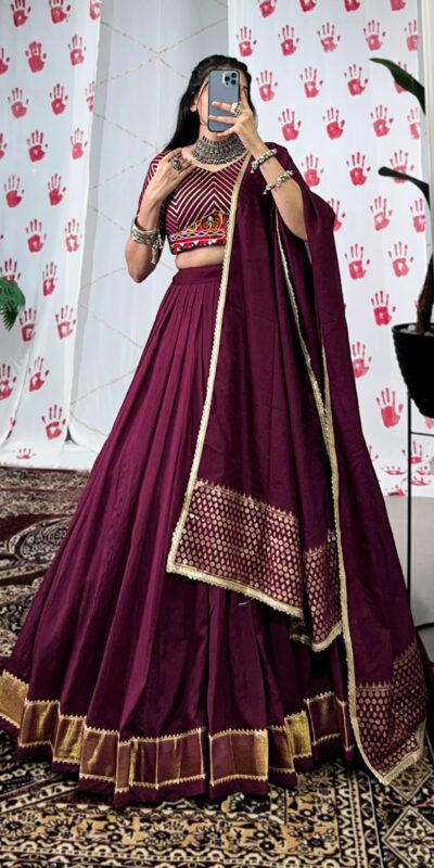 Wine Pure Chanderi With Zari Work Lehenga Choli | Lehenga, Bollywood Lehenga, Creative Lehenga, Designer Lehenga, Embroidered Lehenga, Party Wear Lehenga