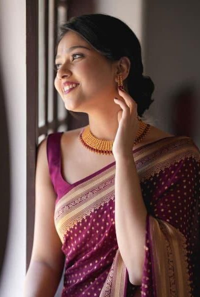 Wine Soft Lichi Silk Jacquard Border Saree | Sarees, Bollywood Sarees, Creative Sarees, Designer Sarees, Embroidered Sarees, Ethnic Saree, Modern Digital sarees, Party Wear Sarees