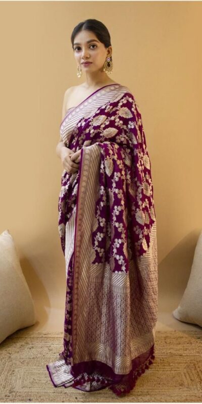 Wine Soft Lichi Silk Jacquard Zahlar Saree | Sarees, Bollywood Sarees, Creative Sarees, Designer Sarees, Embroidered Sarees, Ethnic Saree, Modern Digital sarees, Party Wear Sarees