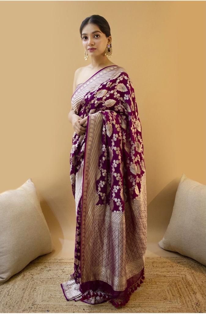 Wine Soft Lichi Silk Jacquard Zahlar Saree | Sarees, Bollywood Sarees, Creative Sarees, Designer Sarees, Embroidered Sarees, Ethnic Saree, Modern Digital sarees, Party Wear Sarees