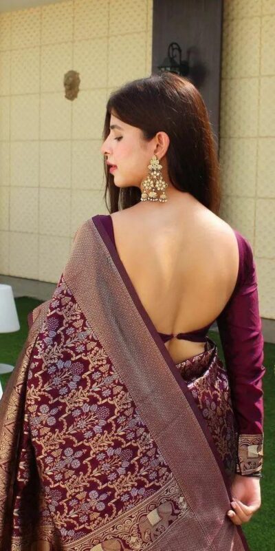 Wine Soft Silk Jacquard Saree | Sarees, Bollywood Sarees, Creative Sarees, Designer Sarees, Embroidered Sarees, Ethnic Saree, Modern Digital sarees, Party Wear Sarees