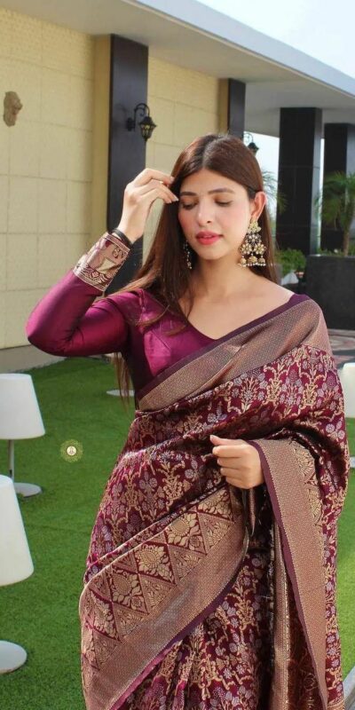 Wine Soft Silk Jacquard Saree | Sarees, Bollywood Sarees, Creative Sarees, Designer Sarees, Embroidered Sarees, Ethnic Saree, Modern Digital sarees, Party Wear Sarees