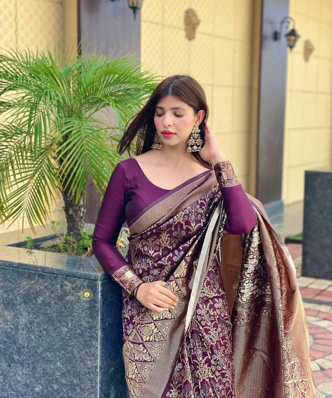 Wine Soft Silk Jacquard Saree | Sarees, Bollywood Sarees, Creative Sarees, Designer Sarees, Embroidered Sarees, Ethnic Saree, Modern Digital sarees, Party Wear Sarees
