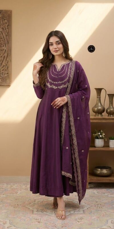 Wine Vichitra Silk Sequence Work Gown | Gowns, Bollywood Gowns, Creative Gowns, Designer Gowns, Embroidered Gowns, Party Wear Gowns
