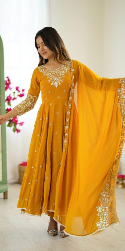 Yellow Blooming Faux Embroidery Work Gown | Gowns, Bollywood Gowns, Creative Gowns, Designer Gowns, Embroidered Gowns, Party Wear Gowns