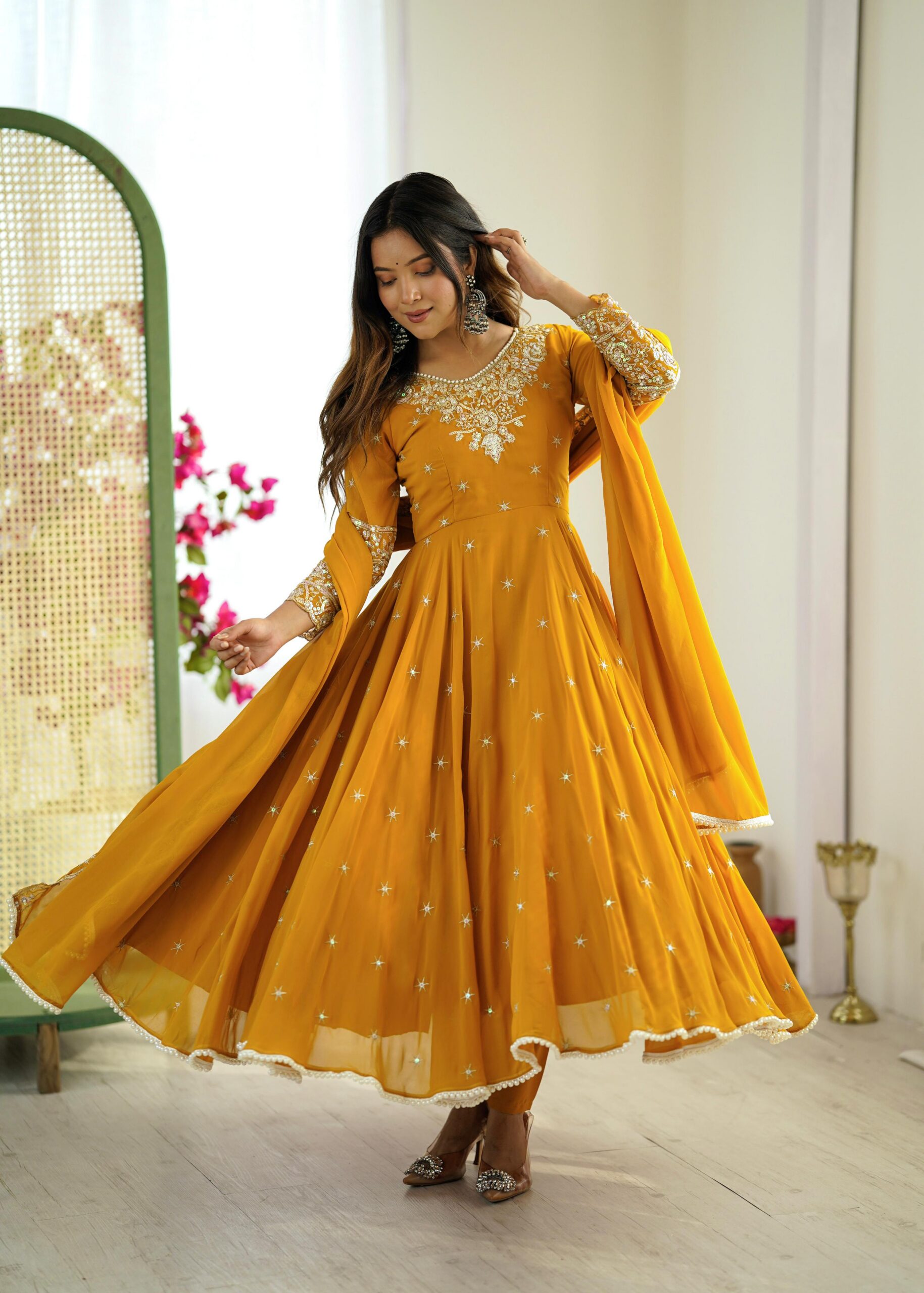 Yellow Blooming Faux Embroidery Work Gown | Gowns, Bollywood Gowns, Creative Gowns, Designer Gowns, Embroidered Gowns, Party Wear Gowns