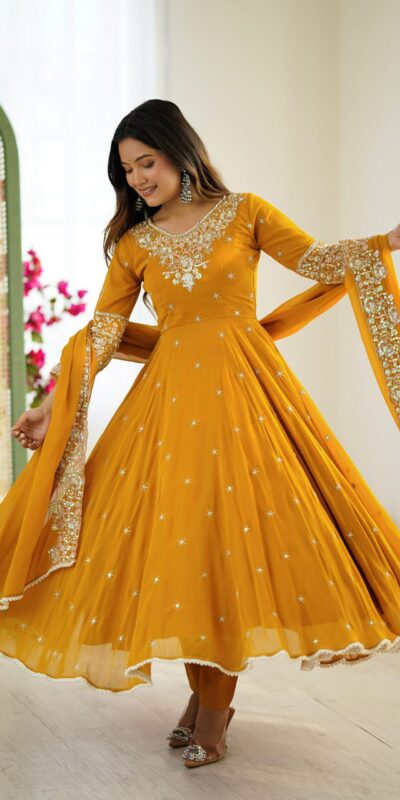 Yellow Blooming Faux Embroidery Work Gown | Gowns, Bollywood Gowns, Creative Gowns, Designer Gowns, Embroidered Gowns, Party Wear Gowns