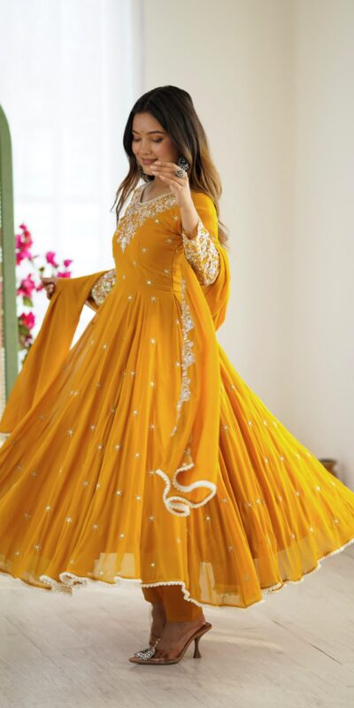 Yellow Blooming Faux Embroidery Work Gown | Gowns, Bollywood Gowns, Creative Gowns, Designer Gowns, Embroidered Gowns, Party Wear Gowns