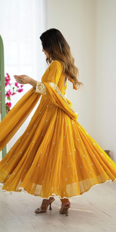Yellow Blooming Faux Embroidery Work Gown | Gowns, Bollywood Gowns, Creative Gowns, Designer Gowns, Embroidered Gowns, Party Wear Gowns