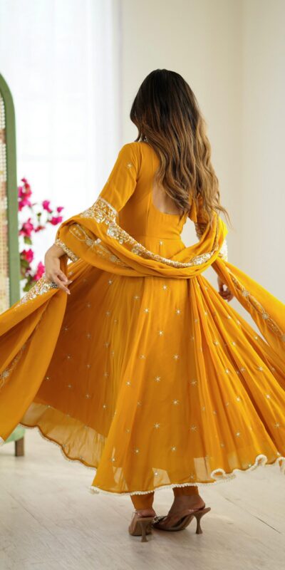 Yellow Blooming Faux Embroidery Work Gown | Gowns, Bollywood Gowns, Creative Gowns, Designer Gowns, Embroidered Gowns, Party Wear Gowns