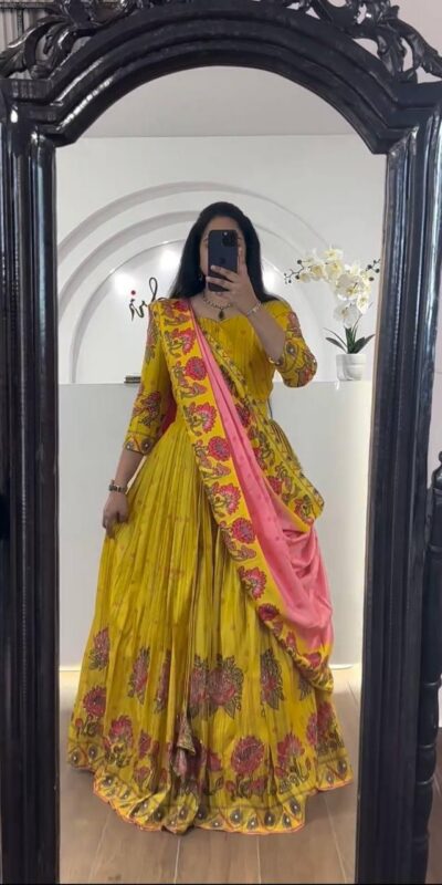 Yellow Chant Crepe Print Lehenga Choli | Lehenga, Bollywood Lehenga, Creative Lehenga, Designer Lehenga, Embroidered Lehenga, Party Wear Lehenga