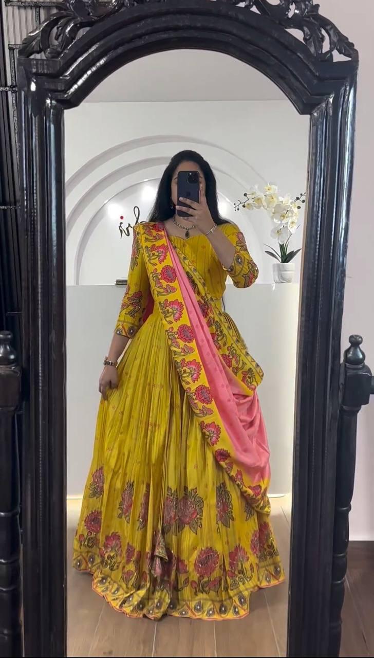 Yellow Chant Crepe Print Lehenga Choli | Lehenga, Bollywood Lehenga, Creative Lehenga, Designer Lehenga, Embroidered Lehenga, Party Wear Lehenga