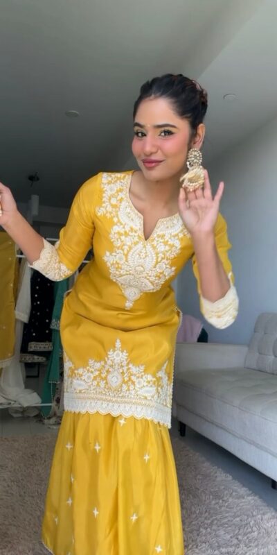 Yellow Chinnon Silk thread With Sequence Sharara Suit | Jump Suits, Salwar suit, Casual Suits, Creative suits, Designer Suits, Palazzo Suits, Party Wear Suits, Patiala Suits, Straight Suits