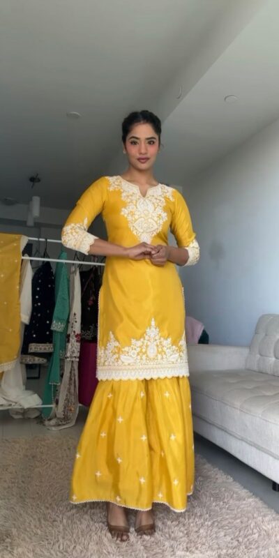 Yellow Chinnon Silk thread With Sequence Sharara Suit | Jump Suits, Salwar suit, Casual Suits, Creative suits, Designer Suits, Palazzo Suits, Party Wear Suits, Patiala Suits, Straight Suits