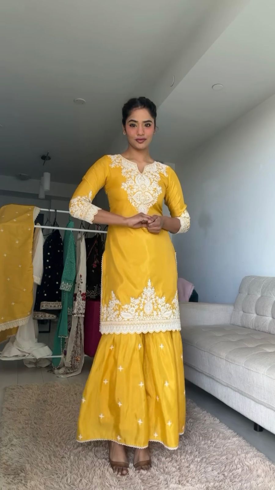 Yellow Chinnon Silk thread With Sequence Sharara Suit | Jump Suits, Salwar suit, Casual Suits, Creative suits, Designer Suits, Palazzo Suits, Party Wear Suits, Patiala Suits, Straight Suits