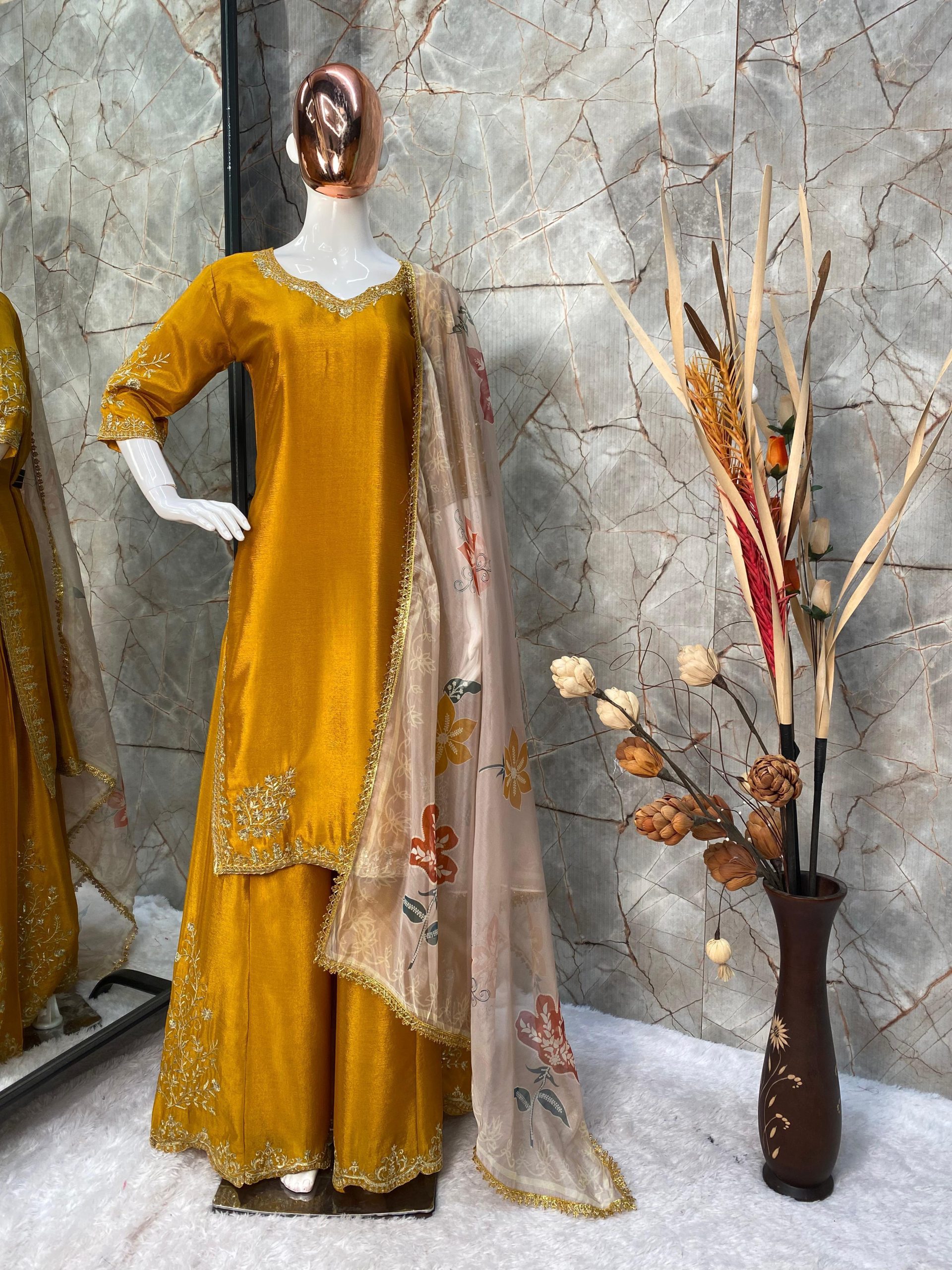 Yellow Chinnon Silk With Embroidery Work Sharara Suit | Jump Suits, Salwar suit, Casual Suits, Creative suits, Designer Suits, Palazzo Suits, Party Wear Suits, Patiala Suits, Straight Suits