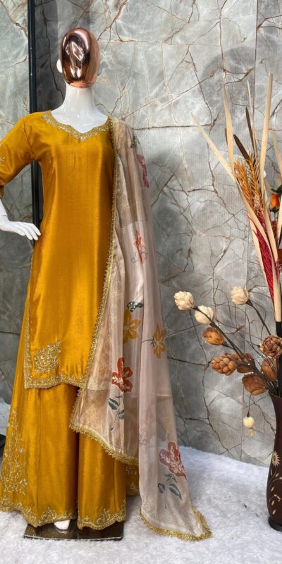 Yellow Chinnon Silk With Embroidery Work Sharara Suit | Jump Suits, Salwar suit, Casual Suits, Creative suits, Designer Suits, Palazzo Suits, Party Wear Suits, Patiala Suits, Straight Suits