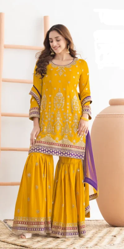 Yellow Chinon Embroidery Mirror Work Salwar Suit | Jump Suits, Salwar suit, Casual Suits, Creative suits, Designer Suits, Palazzo Suits, Party Wear Suits, Patiala Suits, Straight Suits