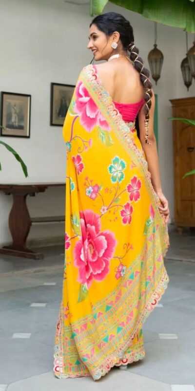 Yellow Chinon Printed Multied Embroidery Coding Sequins Lace Saree | Sarees, Bollywood Sarees, Creative Sarees, Designer Sarees, Embroidered Sarees, Ethnic Saree, Modern Digital sarees, Party Wear Sarees
