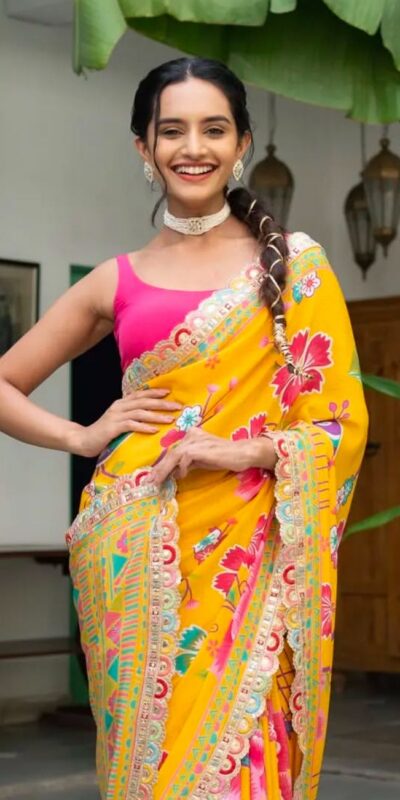 Yellow Chinon Printed Multied Embroidery Coding Sequins Lace Saree | Sarees, Bollywood Sarees, Creative Sarees, Designer Sarees, Embroidered Sarees, Ethnic Saree, Modern Digital sarees, Party Wear Sarees