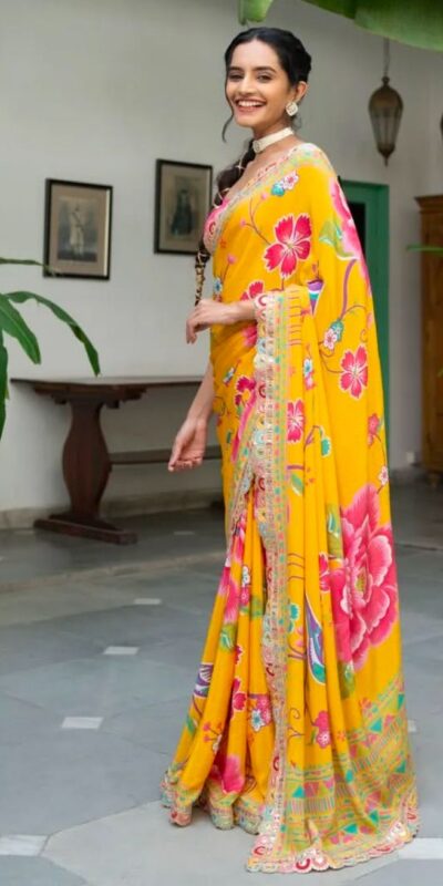 Yellow Chinon Printed Multied Embroidery Coding Sequins Lace Saree | Sarees, Bollywood Sarees, Creative Sarees, Designer Sarees, Embroidered Sarees, Ethnic Saree, Modern Digital sarees, Party Wear Sarees