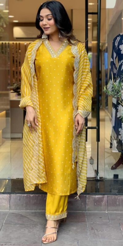 Yellow Chinon Silk Wide Digital Print Coding Work Lace Salwar Suit | Jump Suits, Salwar suit, Casual Suits, Creative suits, Designer Suits, Palazzo Suits, Party Wear Suits, Patiala Suits, Straight Suits
