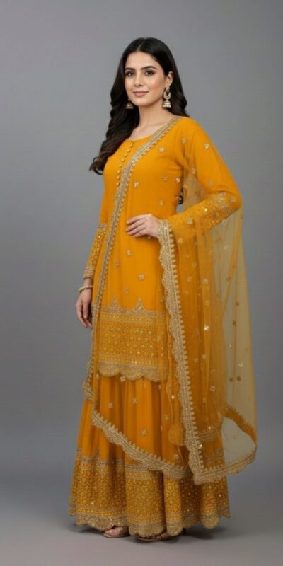 Yellow Faux Georgette Embroider Salwar Suit | Jump Suits, Salwar suit, Casual Suits, Creative suits, Designer Suits, Palazzo Suits, Party Wear Suits, Patiala Suits, Straight Suits