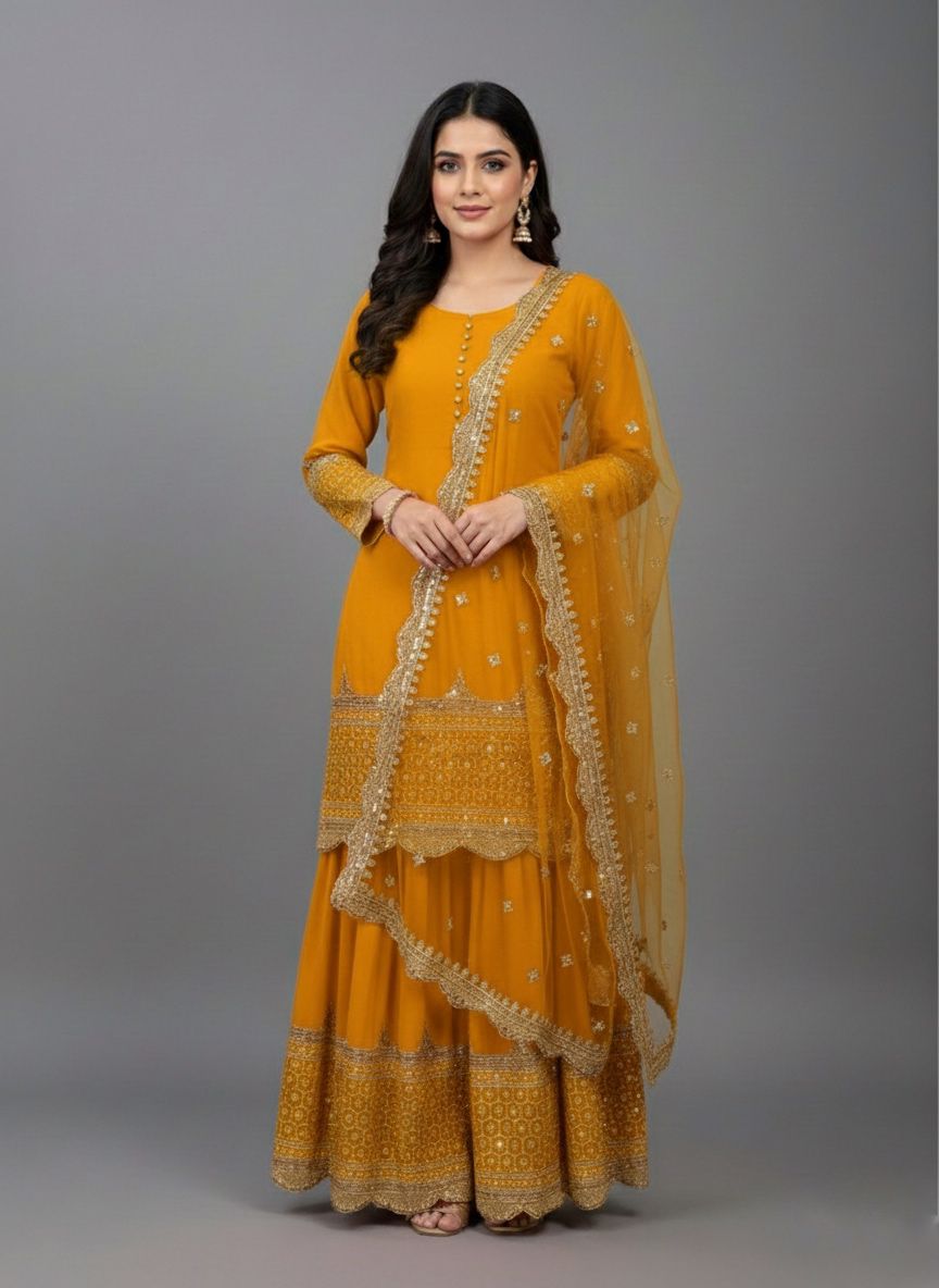 Yellow Faux Georgette Embroider Salwar Suit | Jump Suits, Salwar suit, Casual Suits, Creative suits, Designer Suits, Palazzo Suits, Party Wear Suits, Patiala Suits, Straight Suits