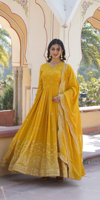 Yellow Faux Georgette Embroidery Zari Work Gown | Gowns, Bollywood Gowns, Creative Gowns, Designer Gowns, Embroidered Gowns, Party Wear Gowns