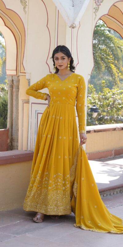 Yellow Faux Georgette Embroidery Zari Work Gown | Gowns, Bollywood Gowns, Creative Gowns, Designer Gowns, Embroidered Gowns, Party Wear Gowns