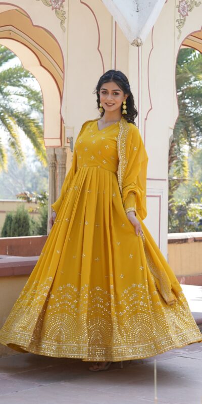 Yellow Faux Georgette Embroidery Zari Work Gown | Gowns, Bollywood Gowns, Creative Gowns, Designer Gowns, Embroidered Gowns, Party Wear Gowns