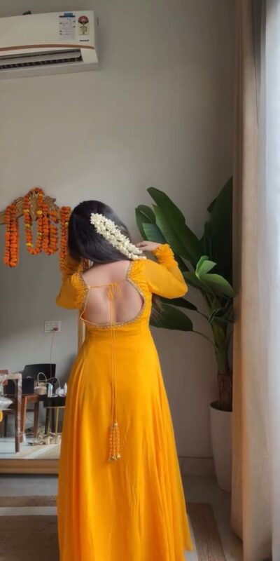 Yellow Faux Georgette Lace Work Gown | Gowns, Bollywood Gowns, Creative Gowns, Designer Gowns, Embroidered Gowns, Party Wear Gowns