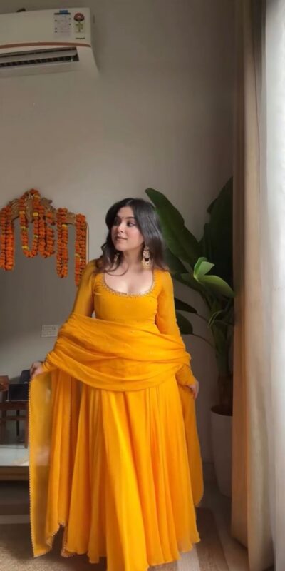 Yellow Faux Georgette Lace Work Gown | Gowns, Bollywood Gowns, Creative Gowns, Designer Gowns, Embroidered Gowns, Party Wear Gowns