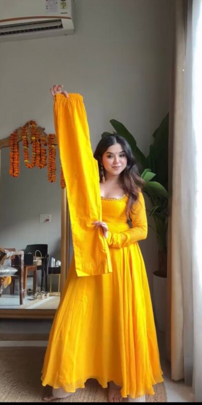 Yellow Faux Georgette Lace Work Gown | Gowns, Bollywood Gowns, Creative Gowns, Designer Gowns, Embroidered Gowns, Party Wear Gowns