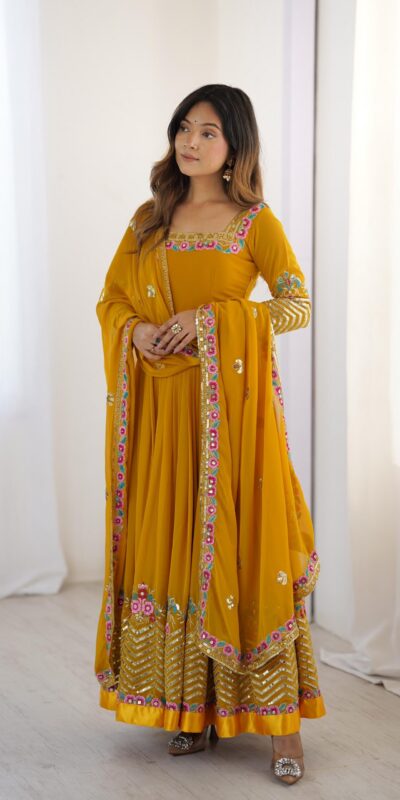 Yellow Georgette Multi Thread Work Gown | Jump Suits, Salwar suit, Casual Suits, Creative suits, Designer Suits, Palazzo Suits, Party Wear Suits, Patiala Suits, Straight Suits
