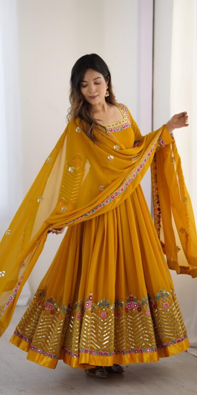 Yellow Georgette Multi Thread Work Gown | Jump Suits, Salwar suit, Casual Suits, Creative suits, Designer Suits, Palazzo Suits, Party Wear Suits, Patiala Suits, Straight Suits