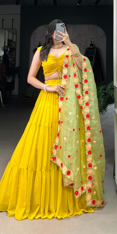 Yellow Georgette Plain Lehenga Choli | Lehenga, Bollywood Lehenga, Creative Lehenga, Designer Lehenga, Embroidered Lehenga, Party Wear Lehenga