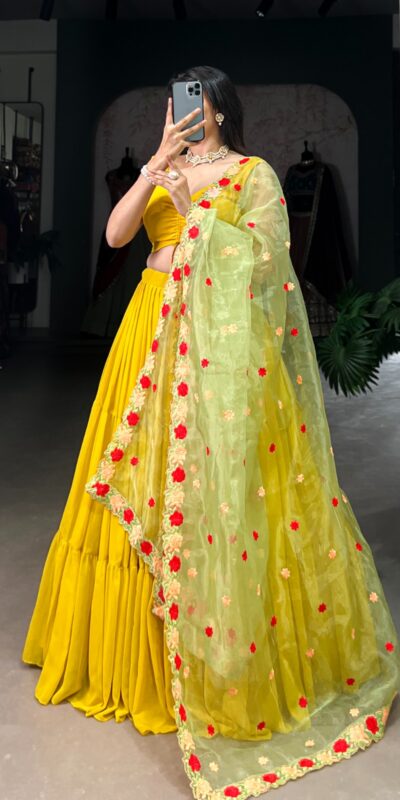Yellow Georgette Plain Lehenga Choli | Lehenga, Bollywood Lehenga, Creative Lehenga, Designer Lehenga, Embroidered Lehenga, Party Wear Lehenga