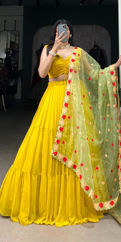 Yellow Georgette Plain Lehenga Choli | Lehenga, Bollywood Lehenga, Creative Lehenga, Designer Lehenga, Embroidered Lehenga, Party Wear Lehenga